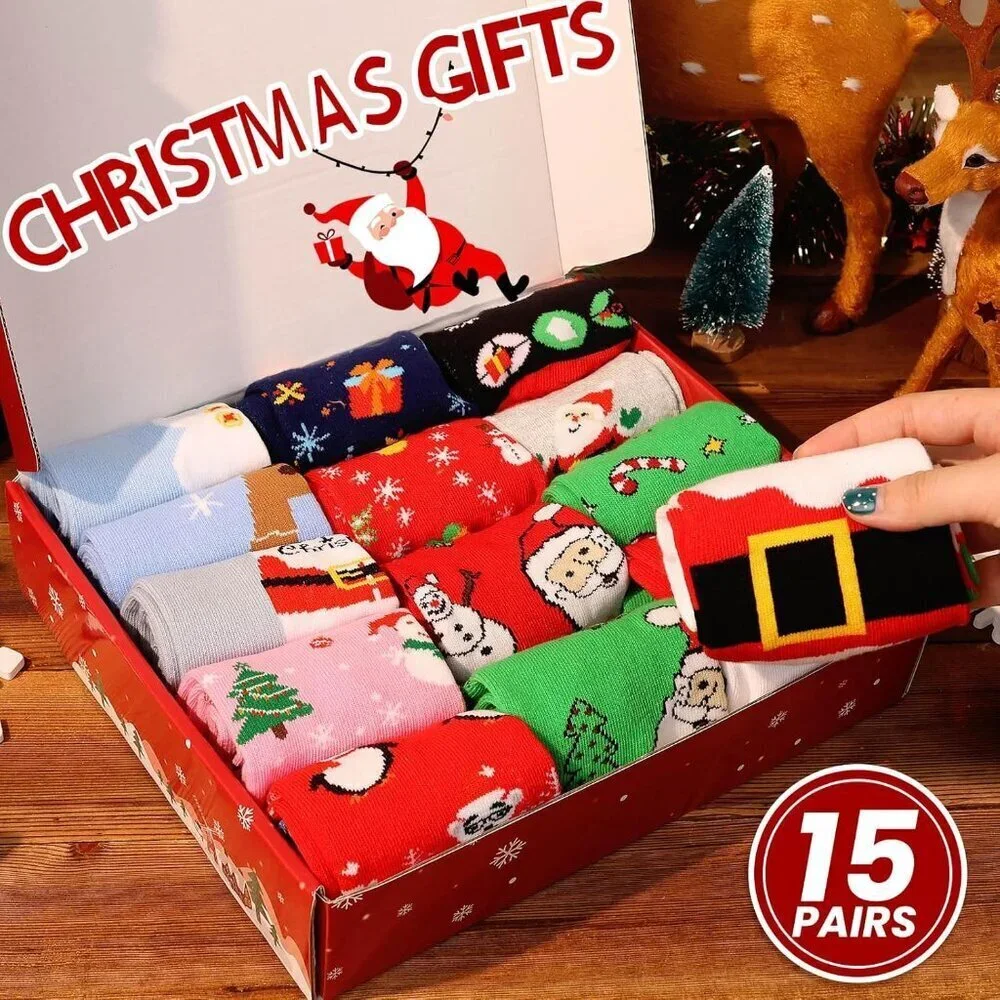 15 Pack Christmas Socks for Adults Women Holiday Gifts Casual Wear
